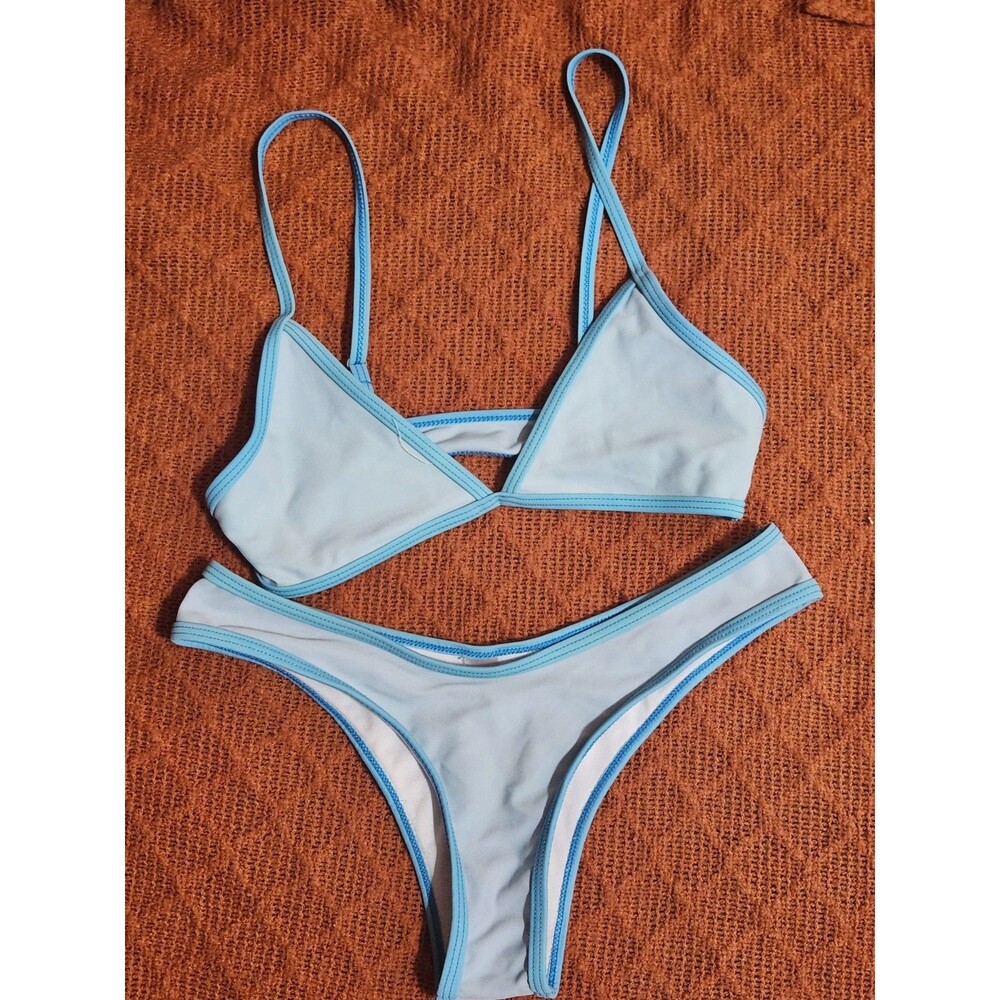Women's Blue Color Block Contrast Cheeky Bikini Set XS 0-2